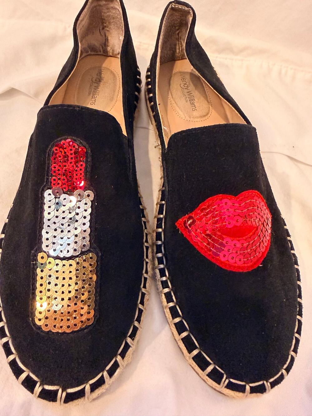Wendy Williams Black Suede Sequin Lips Espadrille Flats Loafers size 7.5W